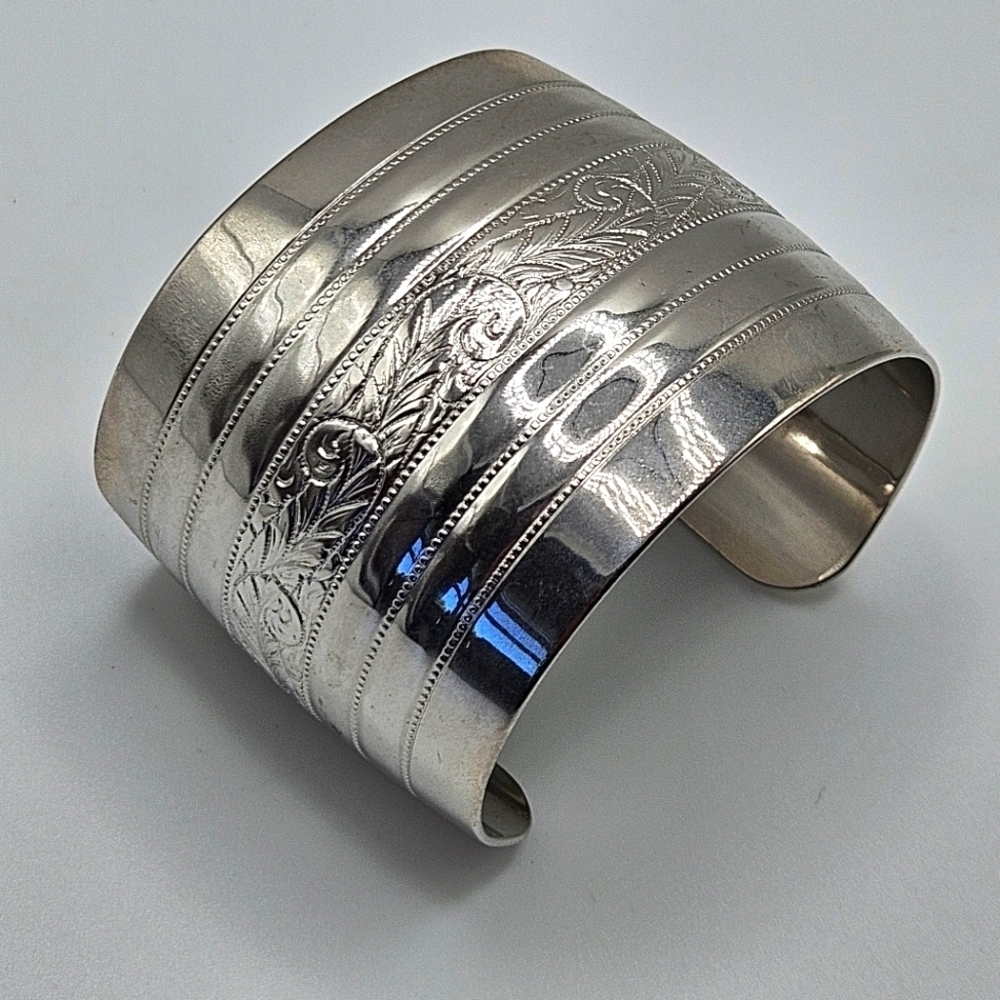 VINTAGE Monet Polished Silver Tone Etched Design Wide 2" Cuff Bracelet Signed 80